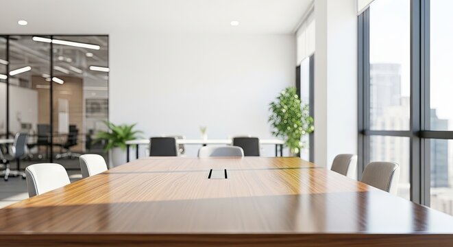 A modern office conference room with a wooden table and chairs, large windows, and a city skyline view. - Powered by Adobe