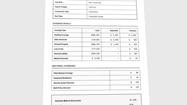 Interactive animated property insurance quote template: detailed coverage breakdown with comprehensive premium calculation display
