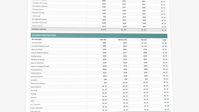 Detailed animated construction cost estimate template: interactive budget breakdown with comprehensive material tracking display

