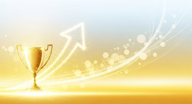 A golden trophy cup with a glowing arrow and light streaks on a gradient background. - Powered by Adobe