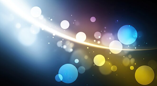 A vibrant, abstract background with a gradient of blue and yellow hues, featuring a curved light path and scattered circular shapes.