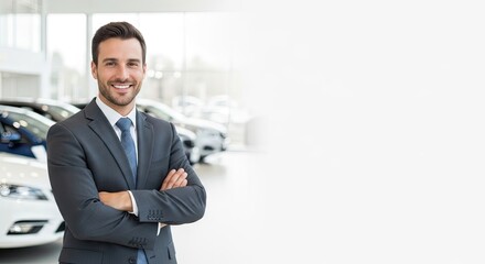 A smiling man in a suit standing in a car showroom.