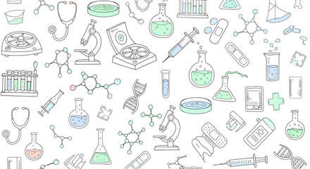 Hand-Drawn Medical and Scientific Seamless Pattern with Healthcare Elements and Chemical Structures