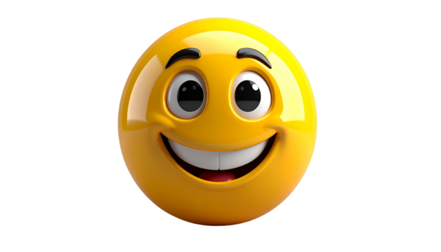 Happy yellow face emoji isolated on white background, cheerful smiley icon, positive emotion illustration, digital emoji for messaging, fun and expressive design.