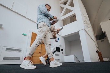 A group of people move through a bright, modern lobby, checking tablets and folders. The airy space features white walls, high ceilings, and clean lines, suggesting a business or conference setting. © qunica.com