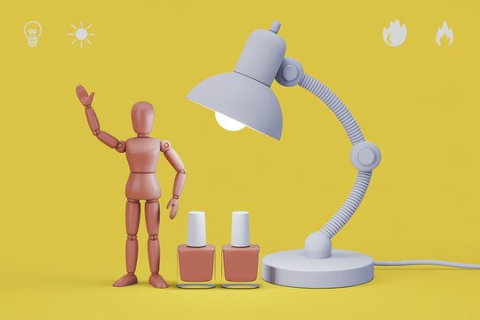 Creative beauty concept with a wooden mannequin presenting nail polish under a bright lamp