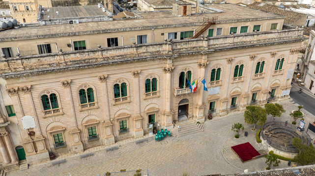 Aerial closeup of the city hall of Scicli, a small town in the province of Ragusa, Sicily, Italy. This Baroque-style building is the town's main attraction. It has been used in several film sets.