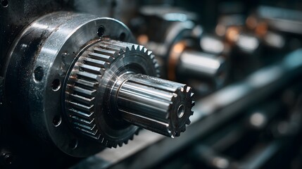 Naklejka premium Close-up of a precision-engineered metal gear and shaft assembly in an industrial setting.