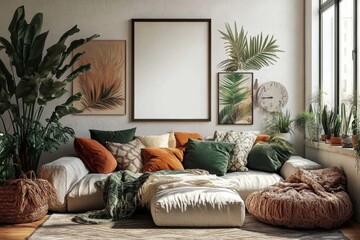 A large vertical poster frame and a gallery wall mock-up are displayed in a cozy living room interior- creating a warm and inviting atmosphere in this 3D rendered image