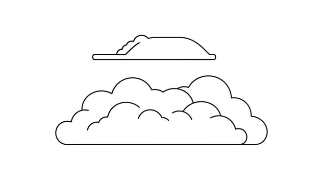 Minimalist cloudscape depiction in line art featuring ethereal fluffy formations in monochrome