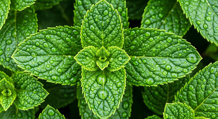 Close up of fresh green mint leaves with water droplets image