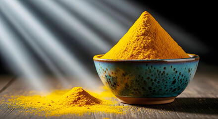 Bright yellow turmeric powder piled high in a speckled blue bowl spice orange