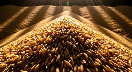 Close up of golden rice grains piled high with dramatic light rays paddy cereal