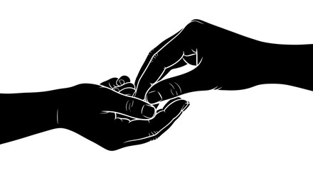 Monochrome illustration of two hands exchanging a small circular object subtly conveying a moment