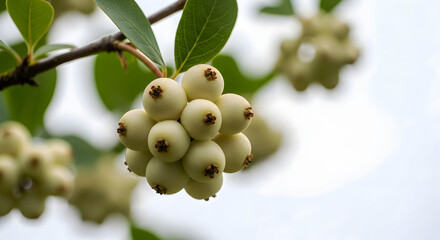 Cluster of pale green berries on a branch with green leaves berry fruit