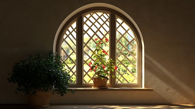 Light streams through arched window onto plants bringing nature indoors creating a peaceful cozy home interior space - Powered by Adobe