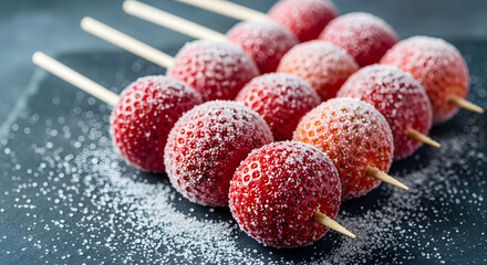 Fresh Strawberries on Skewers Dusted with Sugar strawberry fruit