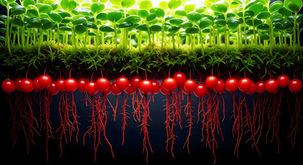 Green sprouts and red berries with visible roots plant seedling