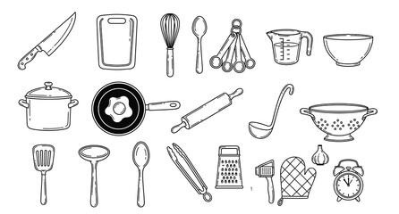 Kitchen Utensils and Cooking Tools Set | Hand-Drawn Knife, Pan, Spoon, Whisk, Pot and Bakeware Vector