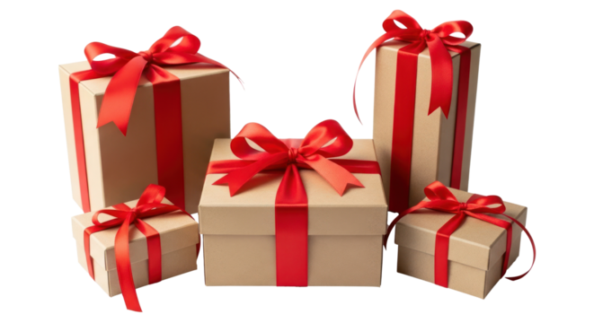 Six wrapped gift boxes with red ribbons on a white background.