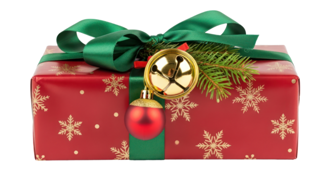 A beautifully wrapped Christmas gift with a green ribbon and a gold bell, adorned with a sprig of evergreen and a red bauble, against a white background.