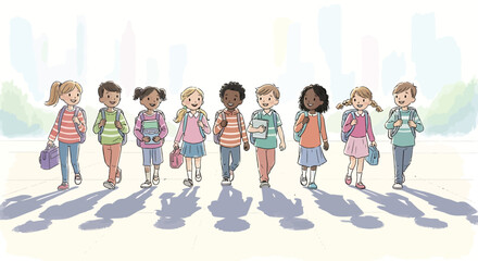 Fototapeta premium Diverse group of school children walking together in sunlight.