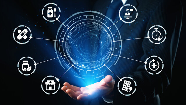 Online pharmacy icons showing medicine, healthcare, prescription and medical services with digital pharmacy, online drugstore, telemedicine and modern pharmaceutical solutions. Gist