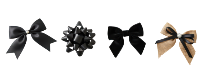 Four black bows with different textures and styles.