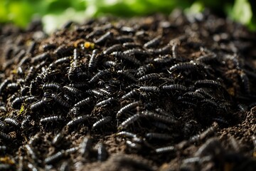 Terrifying swarm of black millipedes moving across dark soil offers a unique perspective for horror themed media or educational content