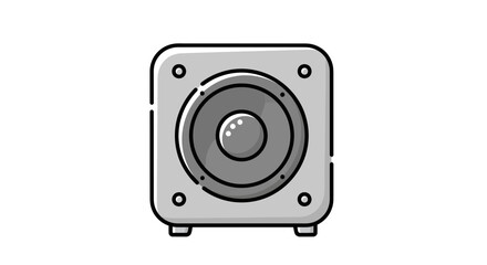 Stylized illustration of a square audio speaker with subtle gray tones and bold outlines