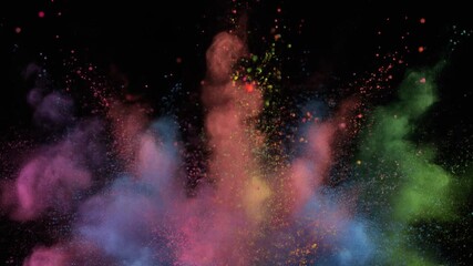 Dynamic burst of vibrant colored powder in rainbow spectrum including pink, blue, yellow, green, and purple against deep black background. Perfect for creativity, energy, celebration, and artistic con