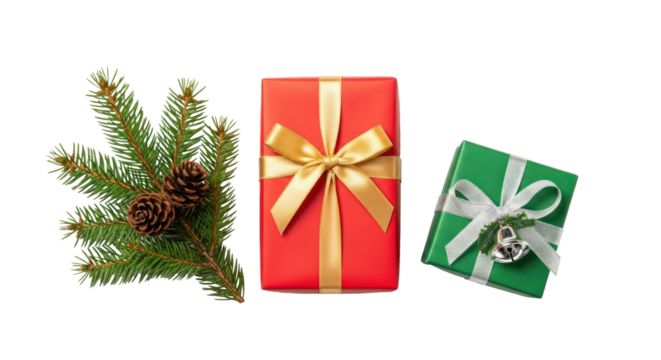 Three wrapped gifts with ribbons and bows on a white background.