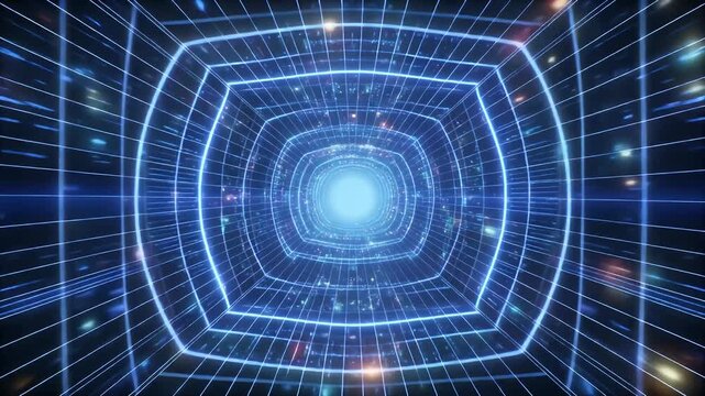 A glowing blue digital tunnel with a grid pattern receding into a bright light, representing a futuristic data pathway or cyberspace.