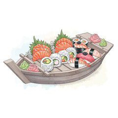 A delightful sushi boat filled with an assortment of fresh sashimi and maki rolls.