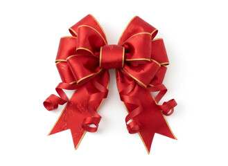 A bright red ribbon with curled tails sits neatly arranged, showing smooth folds and a soft sheen with subtle patterns along its surface.