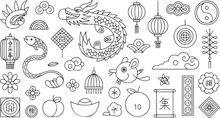 Fototapeta premium Chinese new year festive icons feature a dragon, lantern, and clouds, shown on white