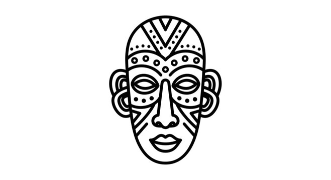 Stylized tribal mask illustration featuring bold symmetrical patterns and graphic design elements