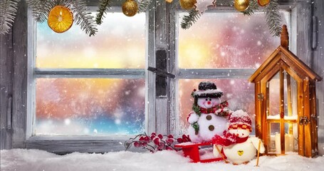 Cozy Christmas decorations arranged on rustic wooden window. Gentle falling snow creating a festive winter atmosphere. Ideal as a holiday background or seasonal backdrop. - Powered by Adobe
