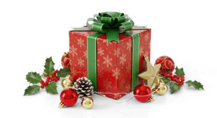 A beautifully wrapped Christmas gift box with a green ribbon and red and gold ornaments on a white background.