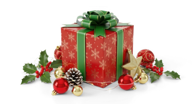 A beautifully wrapped Christmas gift box with a green ribbon and red and gold ornaments on a white background. - Powered by Adobe