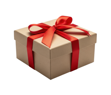 A brown gift box with a red ribbon and a white background. - Powered by Adobe