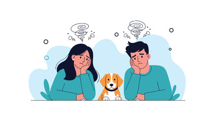 A couple and their dog look stressed and overwhelmed with swirling thoughts above their heads.