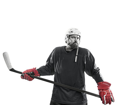  Flat design poster. Hockey player isolated free png background - stadium. Ready to shoot goal. Copy Space.