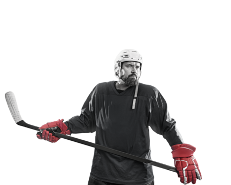  Flat design poster. Hockey player isolated free png background - stadium. Ready to shoot goal. Copy Space.