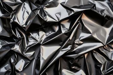 Shiny crumpled black plastic wrap with reflective highlights and textured folds creating abstract metallic pattern
