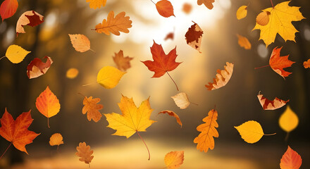 Autumn leaves falling in blurred forest background scene for thanksgiving and seasonal backdrop use