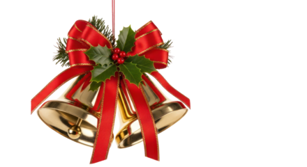 Christmas bells with red ribbons and holly leaves on a white background.