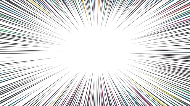 Abstract burst of colorful lines radiating outwards from a bright white center creating a dynamic and energetic visual effect