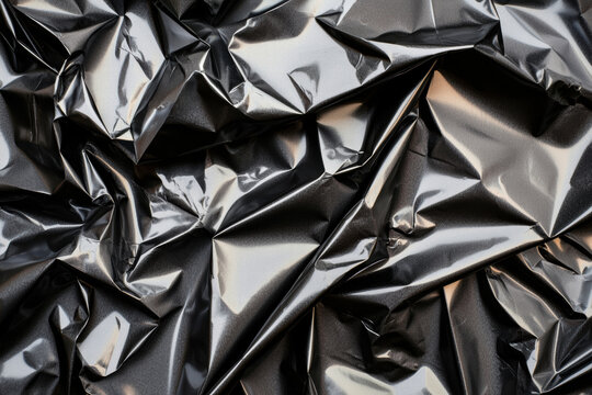 Shiny crumpled black plastic wrap with reflective highlights and textured folds creating abstract metallic pattern