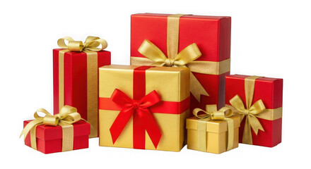 A collection of red and gold gift boxes with ribbons